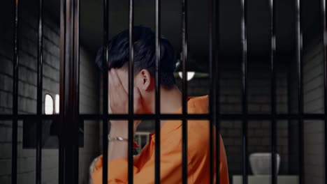 vista de cerca de un triste prisionero masculino asiático en esposas llorando mientras está de pie en la prisión, el criminal se arrepiente y llora