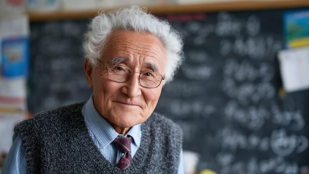 An elderly man with a warm smile stands in front of a classroom blackboard filled with mathematical equations, embodying wisdom and years of teaching experience