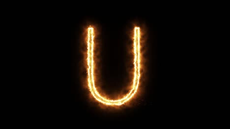 the letter "u" of burning flame. flaming burn font or bonfire alphabet text with sizzling fiery shining heat effect. 3d rendering.