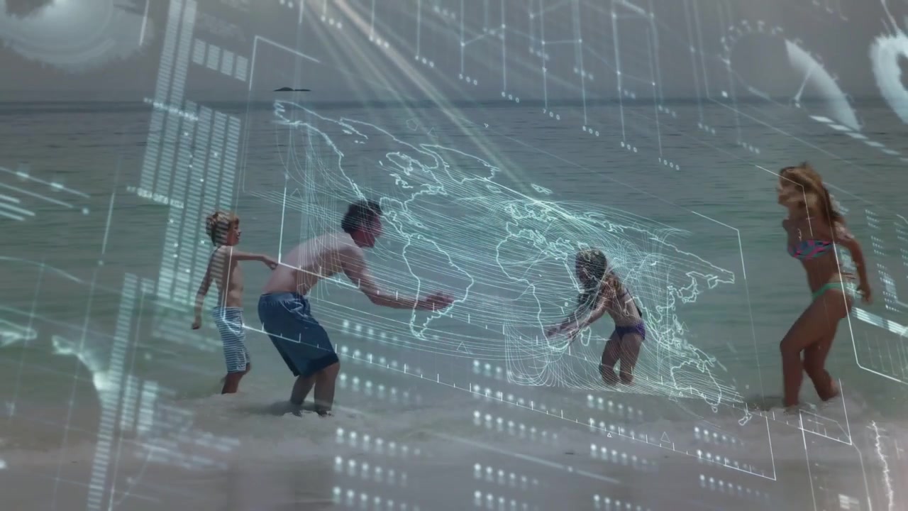 Father walking into shallow surf kids playing family settling as technology UI overlay scrolling