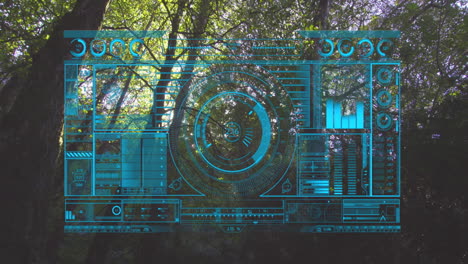 animación de la interfaz de datos futurista sobre el fondo del bosque