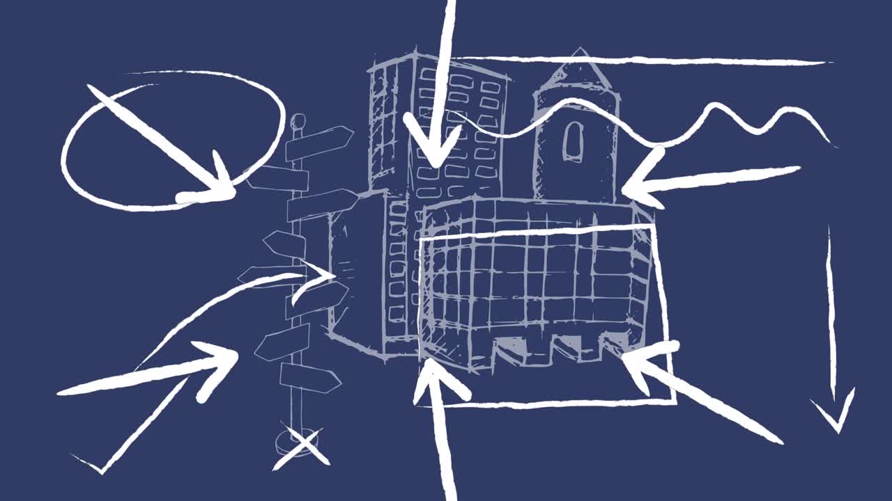 animación digital de múltiples iconos de flecha contra contra el boceto del paisaje urbano sobre fondo negro