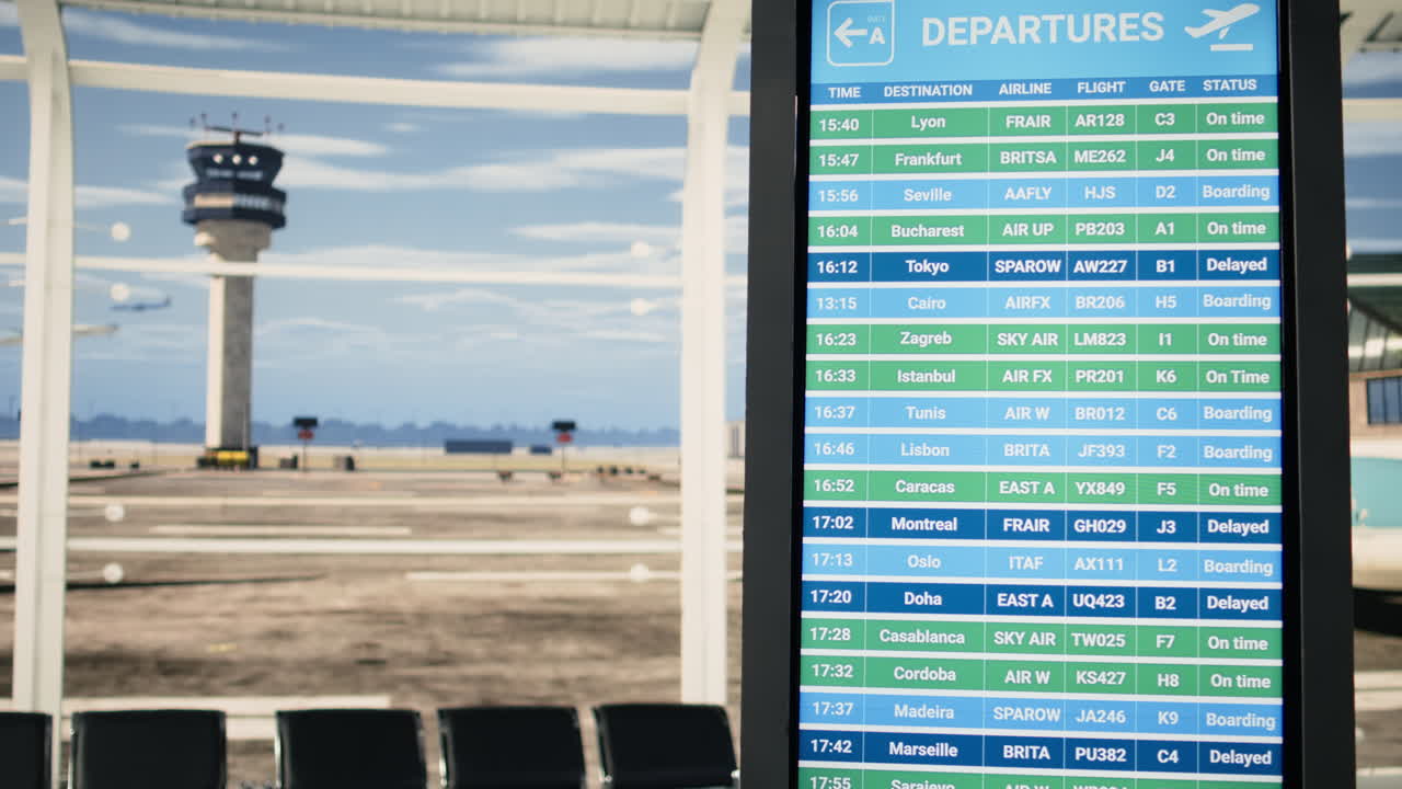Área de espera silenciosa de terminal de aeroporto sem passageiros e com painel de partidas