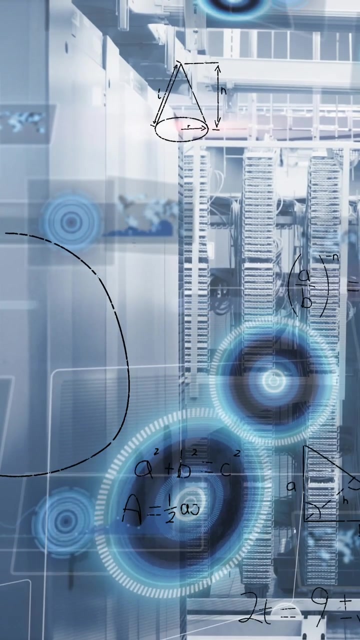 Animation of mathematical equations and multiple round scanners against computer server room