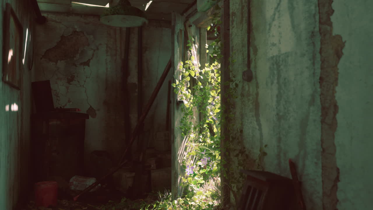 заброшенный дом, покрытый растениями.