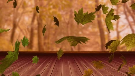 Animation-of-autumn-leaves-floating-over-wooden-plank-against-trees-in-the-park-with-copy-space