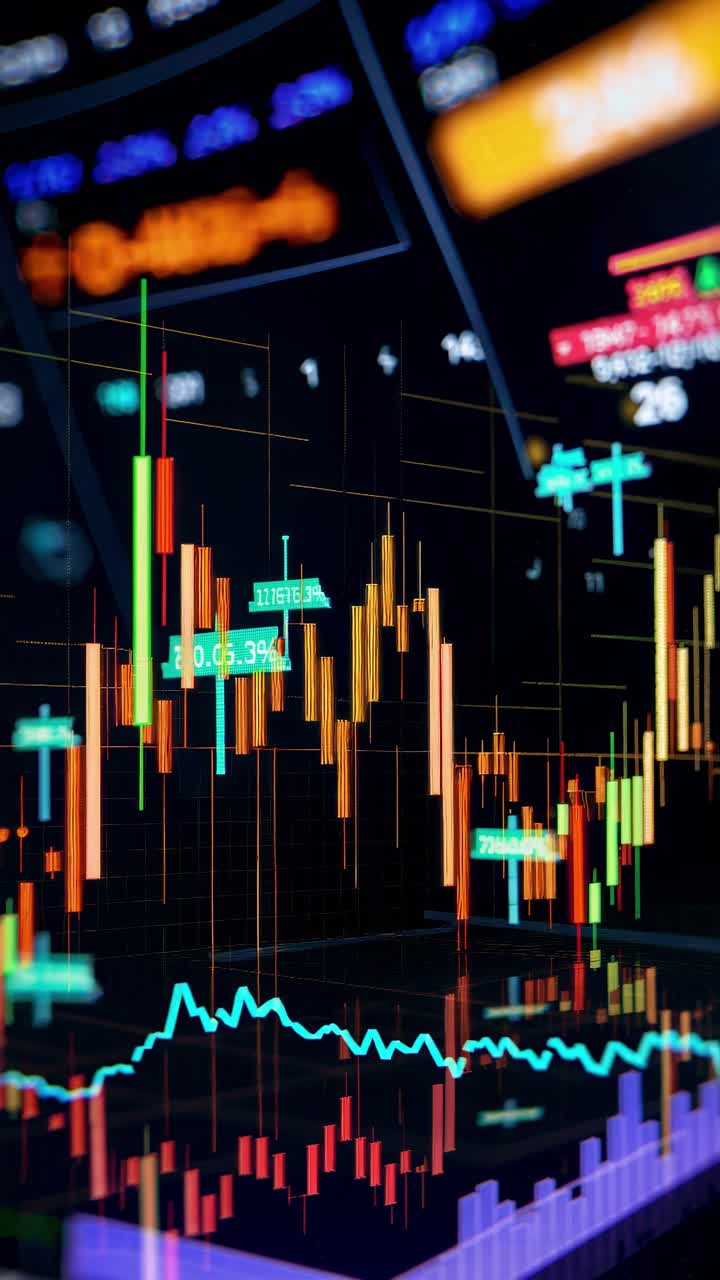 Dynamic video concept of financial data with a close-up angle on colorful stock market graphs