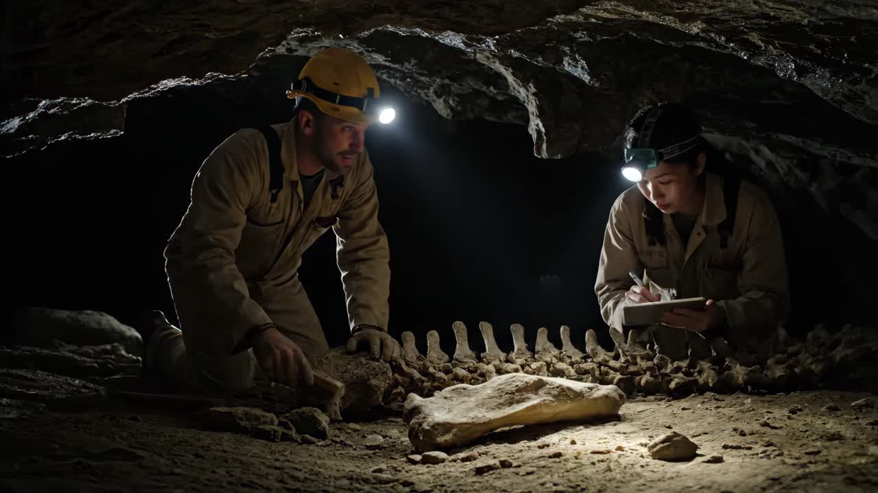 Scientists Exploring a Cave and Examining Bones