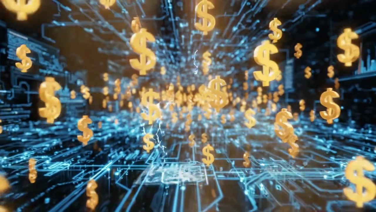 A Dynamic Visualization of the Digital Currency Landscape, Showcasing Flowing Dollar Symbols Amidst a Network of Data Streams Representing Financial Transactions and Analytics