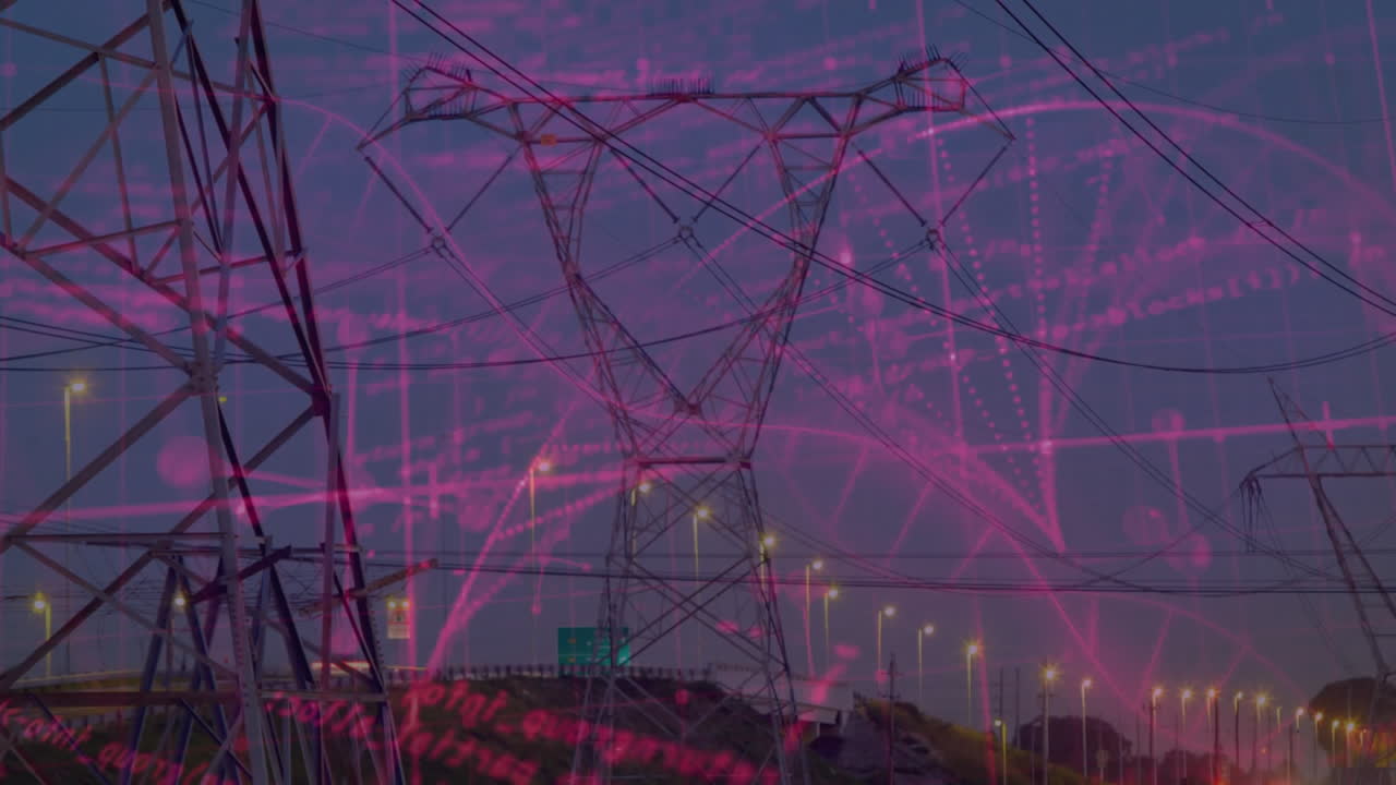 Transmission tower rising in twilight sky, showing magenta data graphs overlaying highway lamps