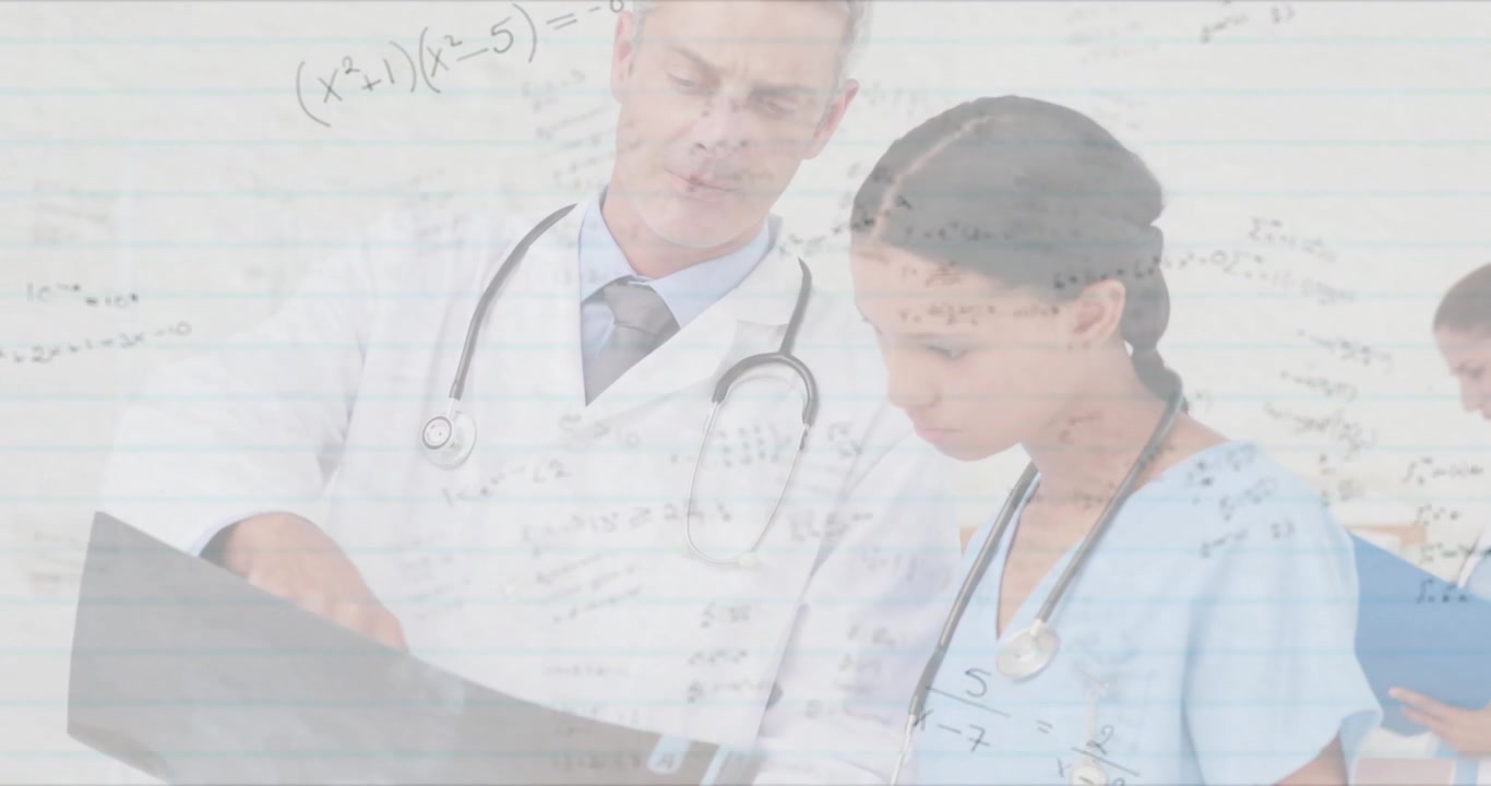 Superposición de álgebra que se desvanece, un médico señalando un expediente y una enfermera registrando datos para revisión médica