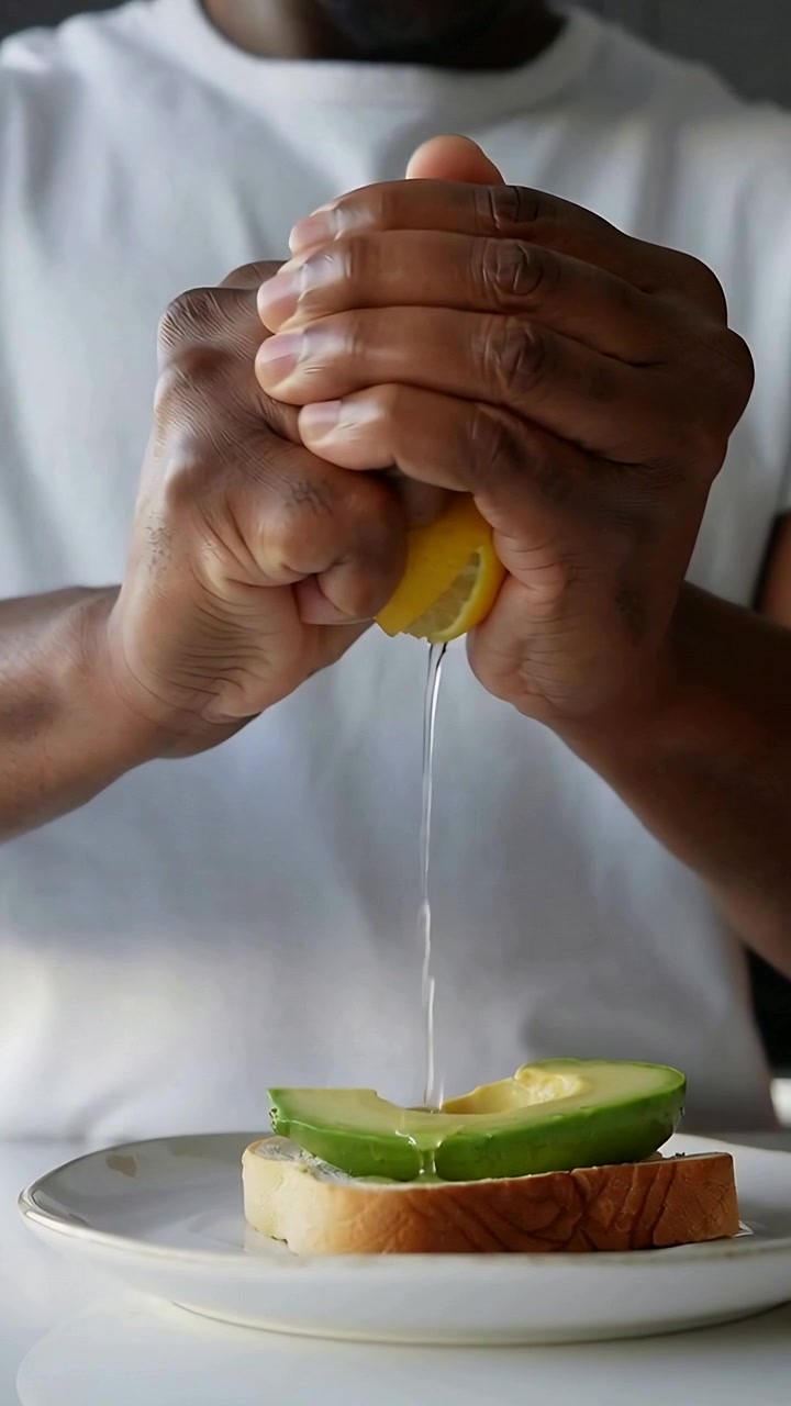 Video vertical: Hombre con camiseta blanca sosteniendo un limón, exprimiéndolo para aderezar aguacate en un plato sobre la encimera de la cocina.