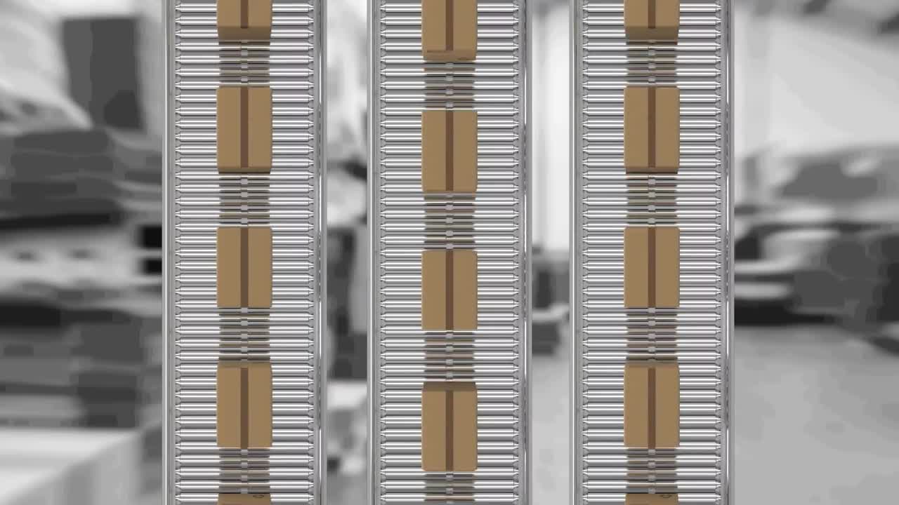 창고 위에서 컨베이어 벨트에 움직이는 카드보드 상자의 애니메이션