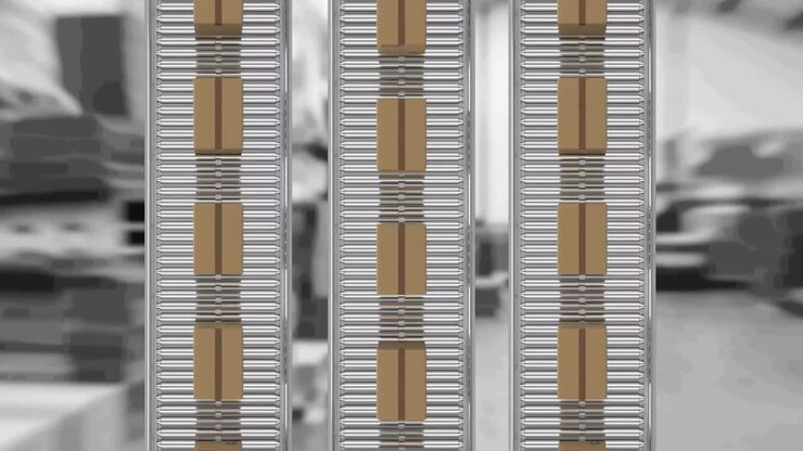Animation of cardboard boxes moving on conveyor belts over warehouse