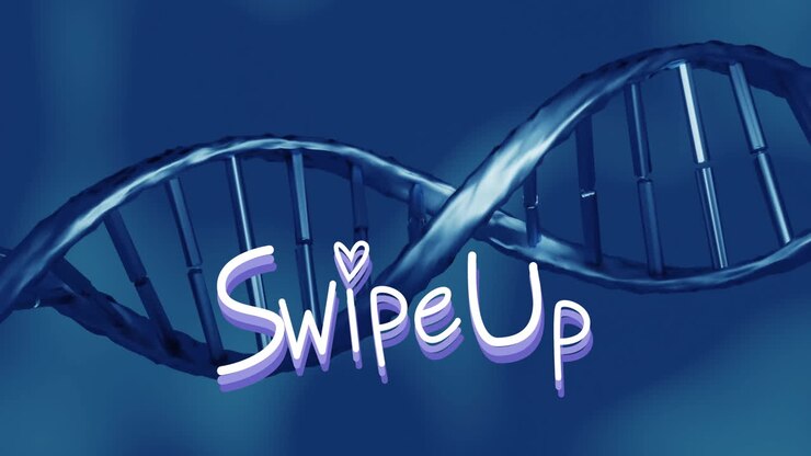 Animation af DNA-streng med teksten "Swipe Up" på blå baggrund
