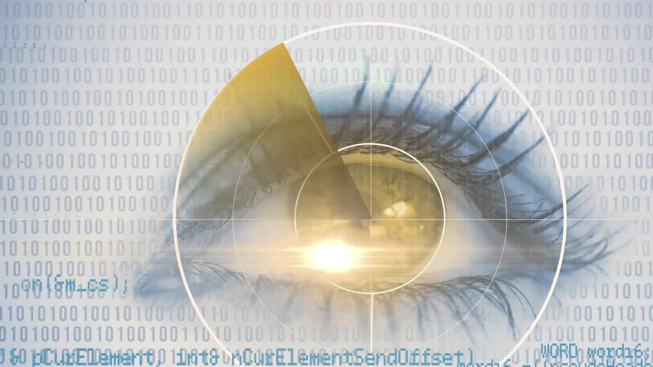 Animation of scope scanning and binary coding over woman's eye in background