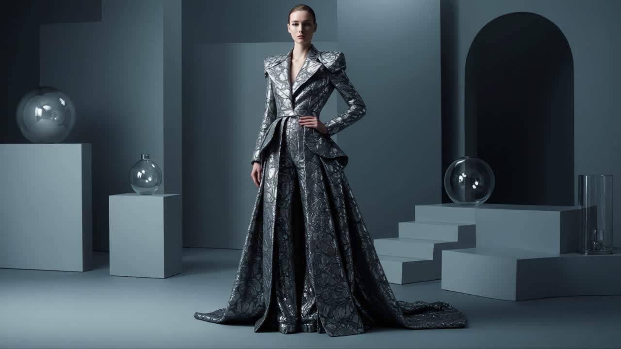 A Fashion Model Showcasing a Stunning Metallic Gown with Intricate Patterns in a Minimalist Gallery Setting, Highlighting the Elegance and Structure of Modern Couture