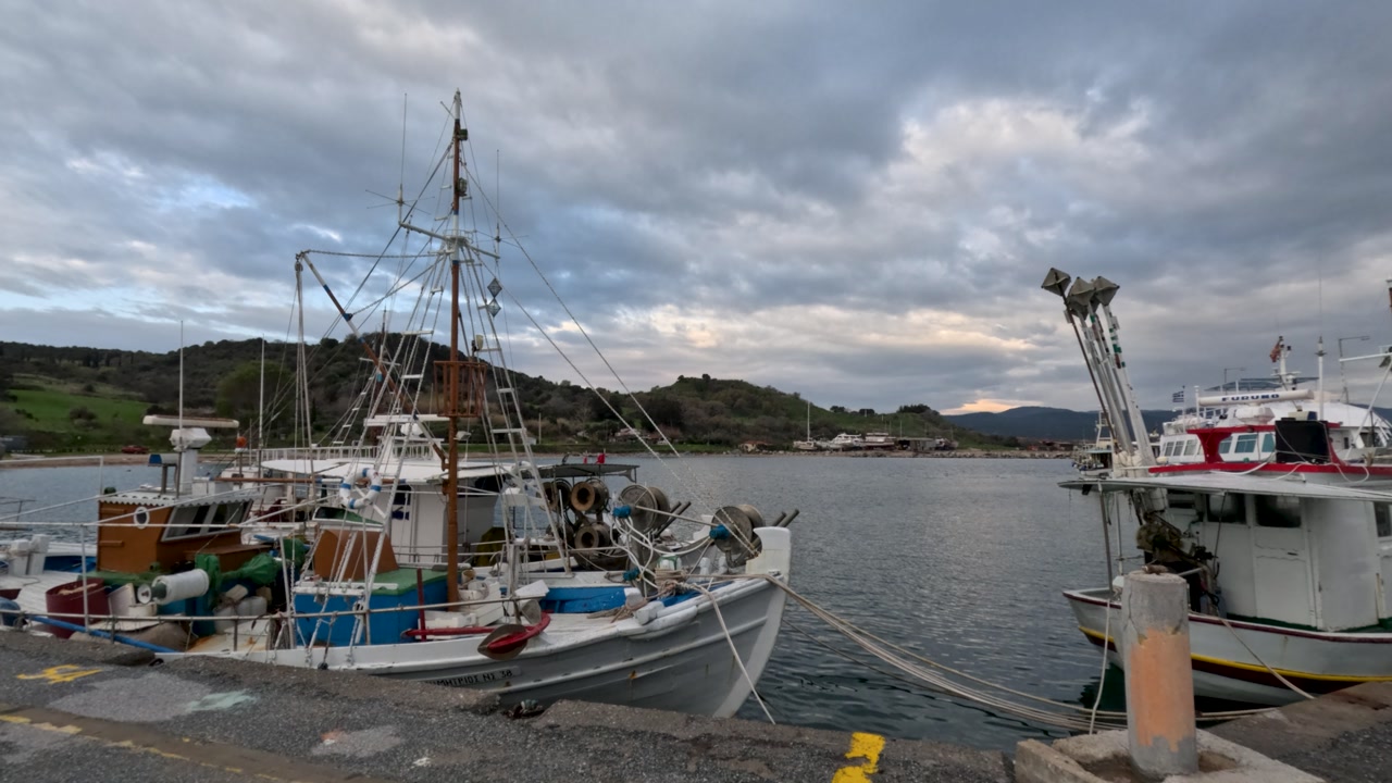 Boats are tied at the dock in a harbor. The sky is cloudy, and hills are in the background. The boats appear to be fishing vessels and are lined up along the water.