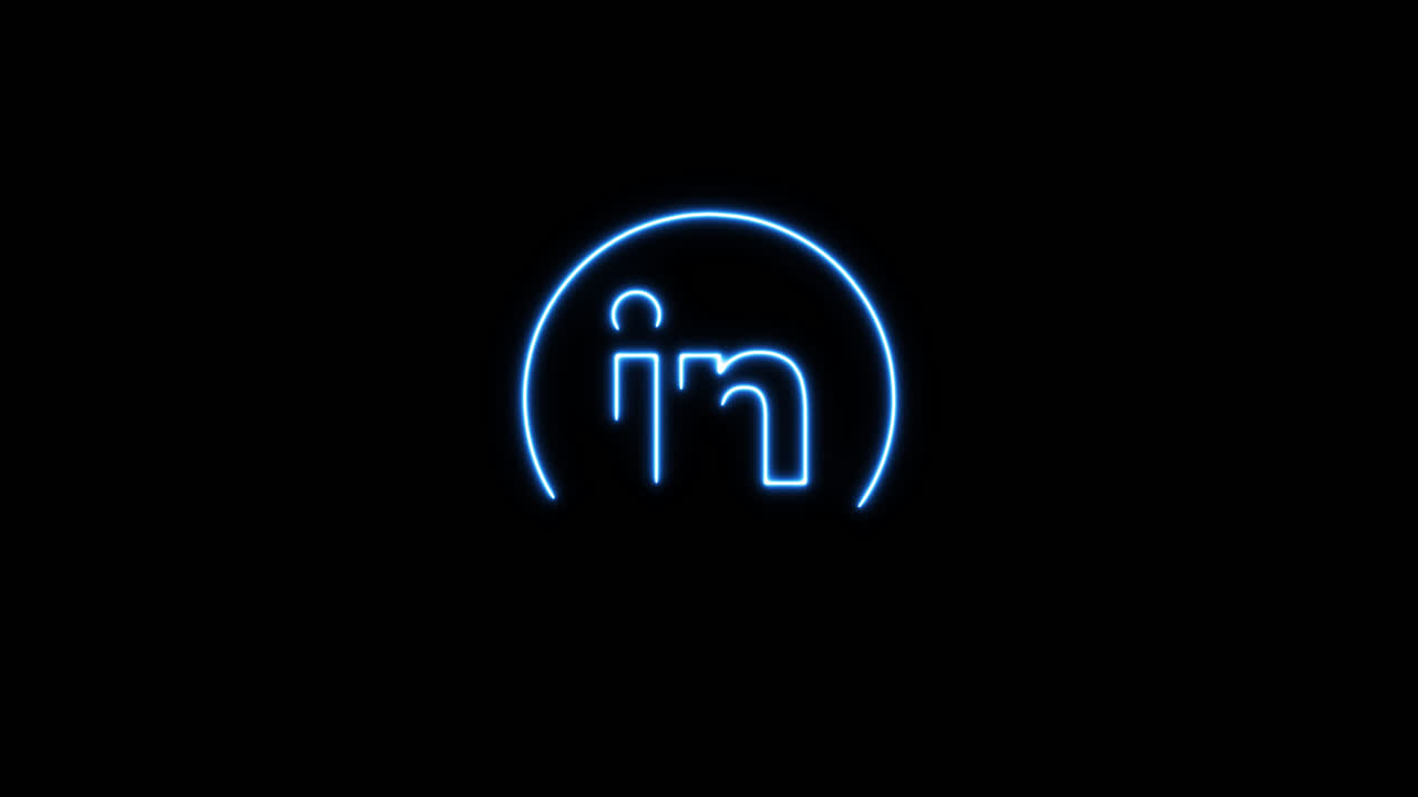 Animeret blåt neon LinkedIn-logo på sort baggrund.