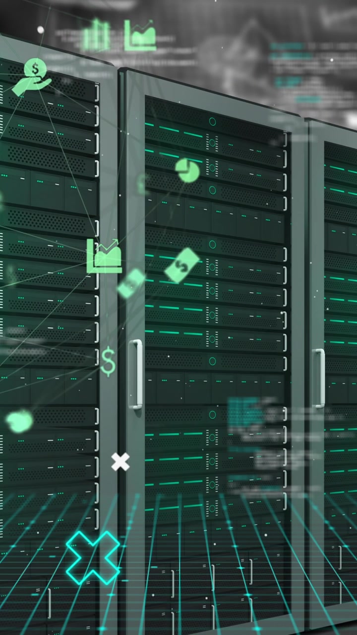 Animation of data processing and media icons over server room