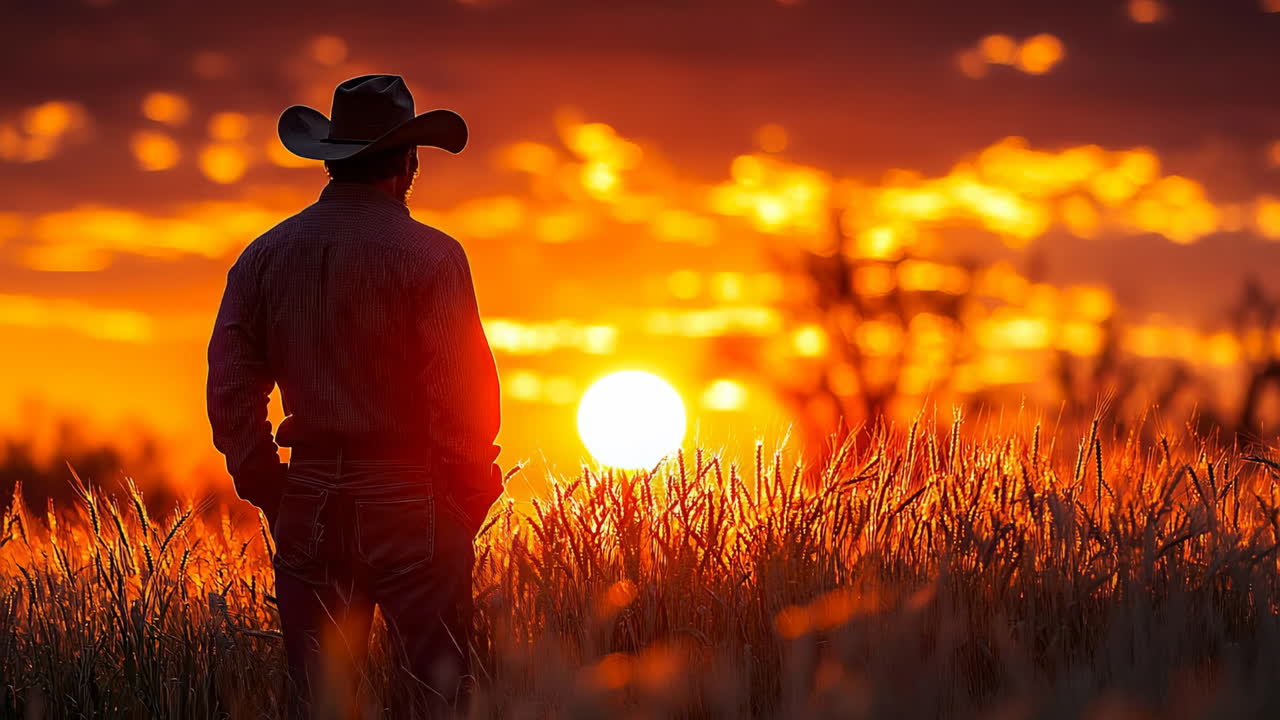 Cowboy walks through field at sunset with warm colors filling the sky and sun setting on the horizon