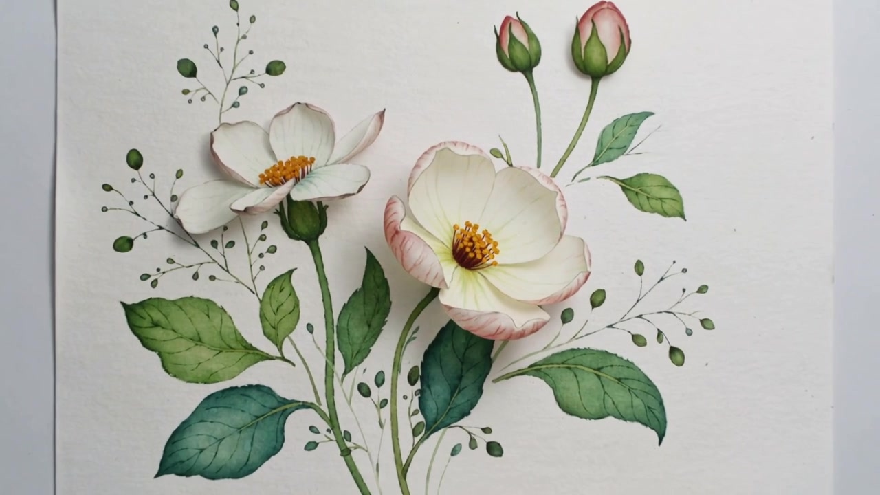 Bocciolo rosa che si rivela aprendo in due fiori su carta bianca dopo un cambio di fotogramma, aggiungendo boccioli e stami.