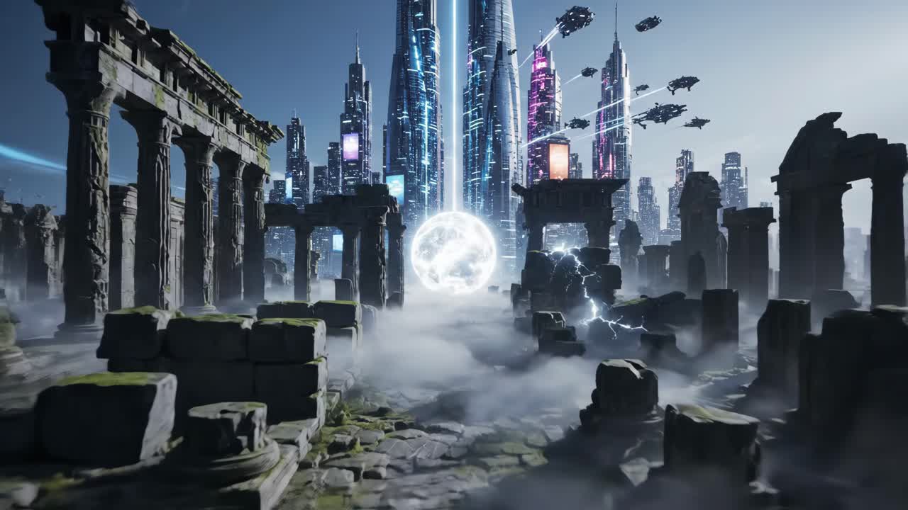Futuristic City Ruins with Glowing Sphere