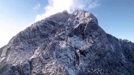 Aerial-view-of-a-rocky-snow-covered-mountain-peak-with-trees-on-a-sunny-winter-day-in-Switzerland