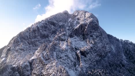 vista aérea de una montaña rocosa cubierta de nieve con árboles en un soleado día de invierno en suiza