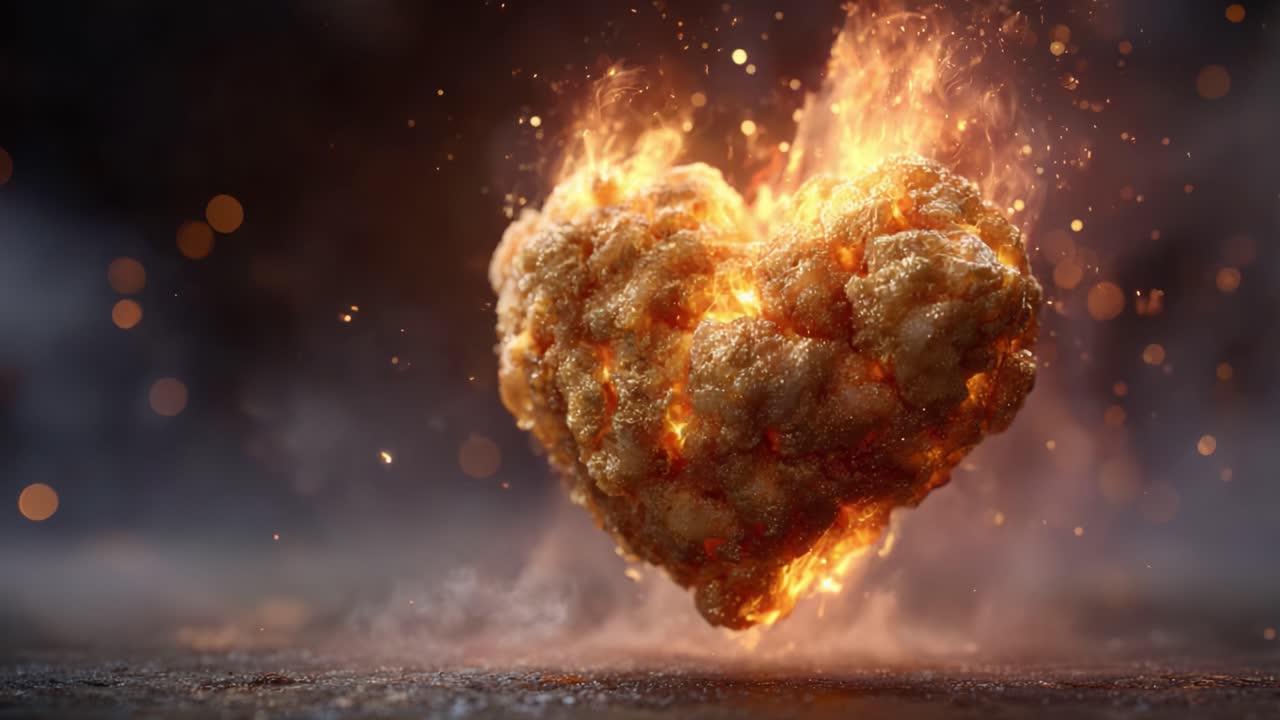 A burning heart made of fiery textures emanates intense energy and warmth, symbolizing passion and emotion through its vibrant flames and glowing embers