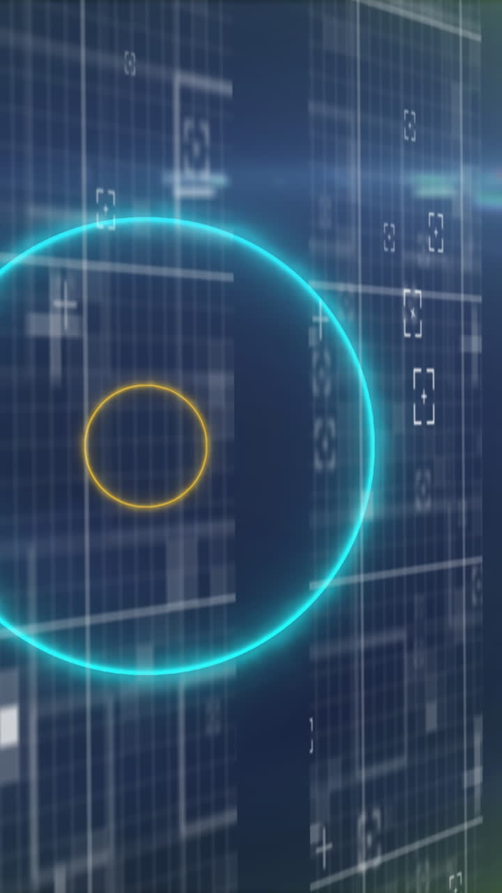 Animation of neon circles over data processing on navy background