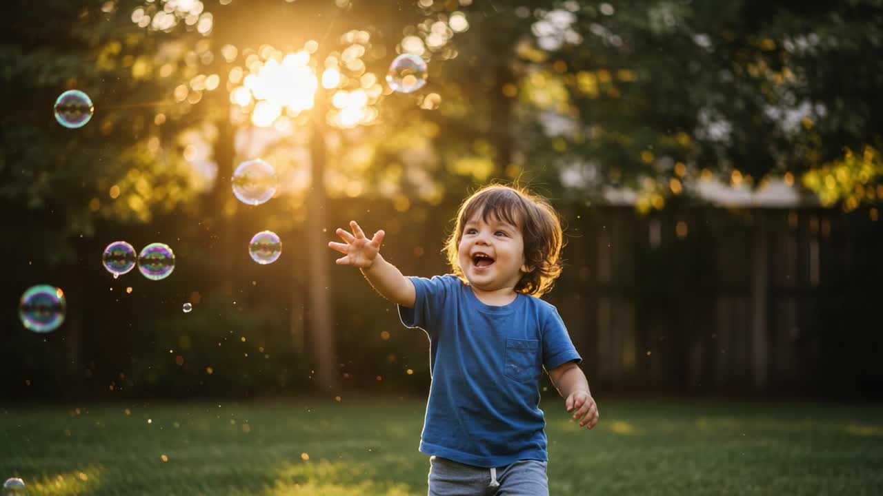 Niño alegre intentando alcanzar burbujas bajo la cálida luz del atardecer: capturando la esencia de la alegría y la maravilla en aventuras al aire libre