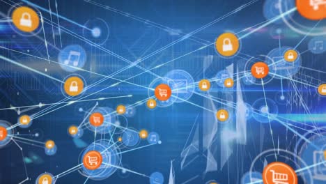 Animation-of-connected-icons,-dots-forming-shapes,-lens-flares-against-circuit-board-pattern