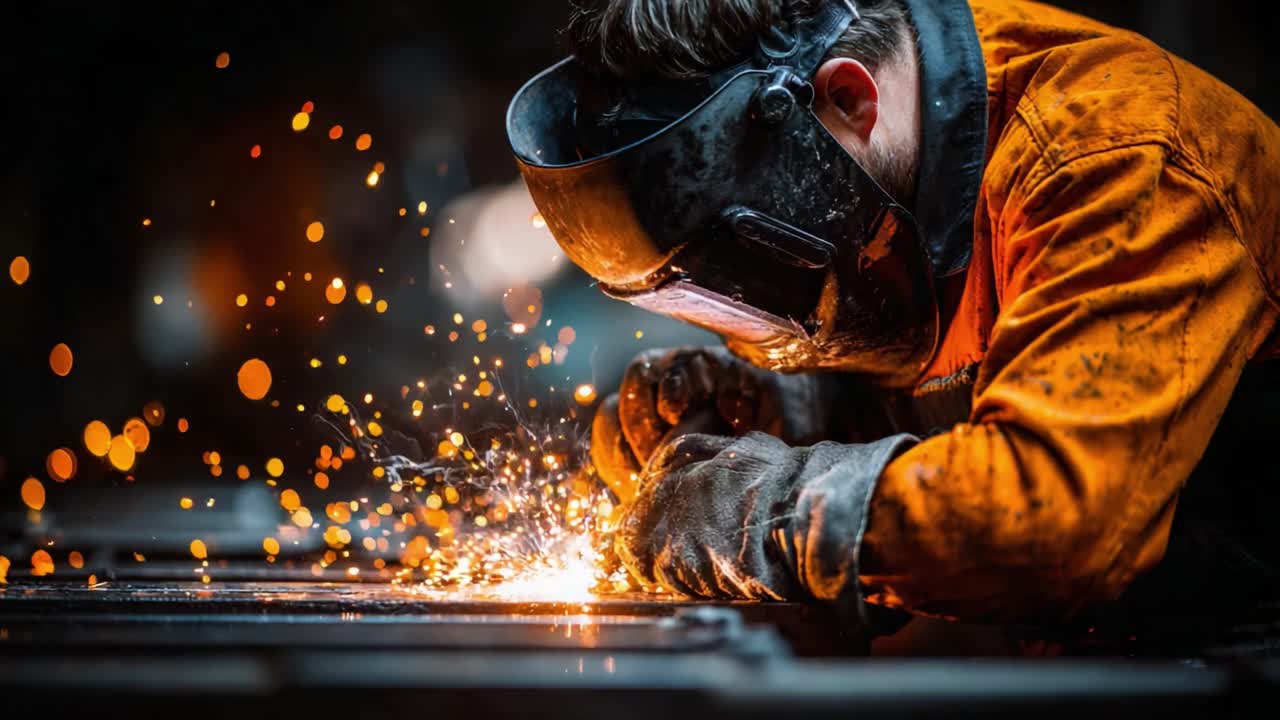 A Skilled Craftsman Engaged in Precision Welding, Showcasing Sparks and Smoke Against a Dark Background in an Industrial Workshop Setting