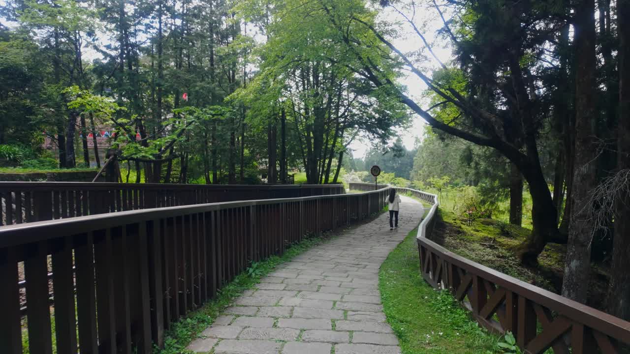 POV shot of strolling on paved pathway at Chaoping Station in Taiwan. Lush, dense greenery