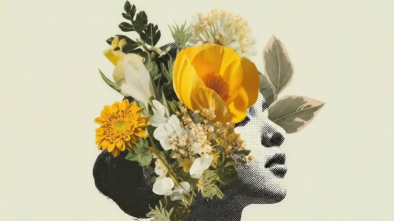 Video concettuale surreale con vista di profilo laterale, che fonde natura e ritratto in stile artistico