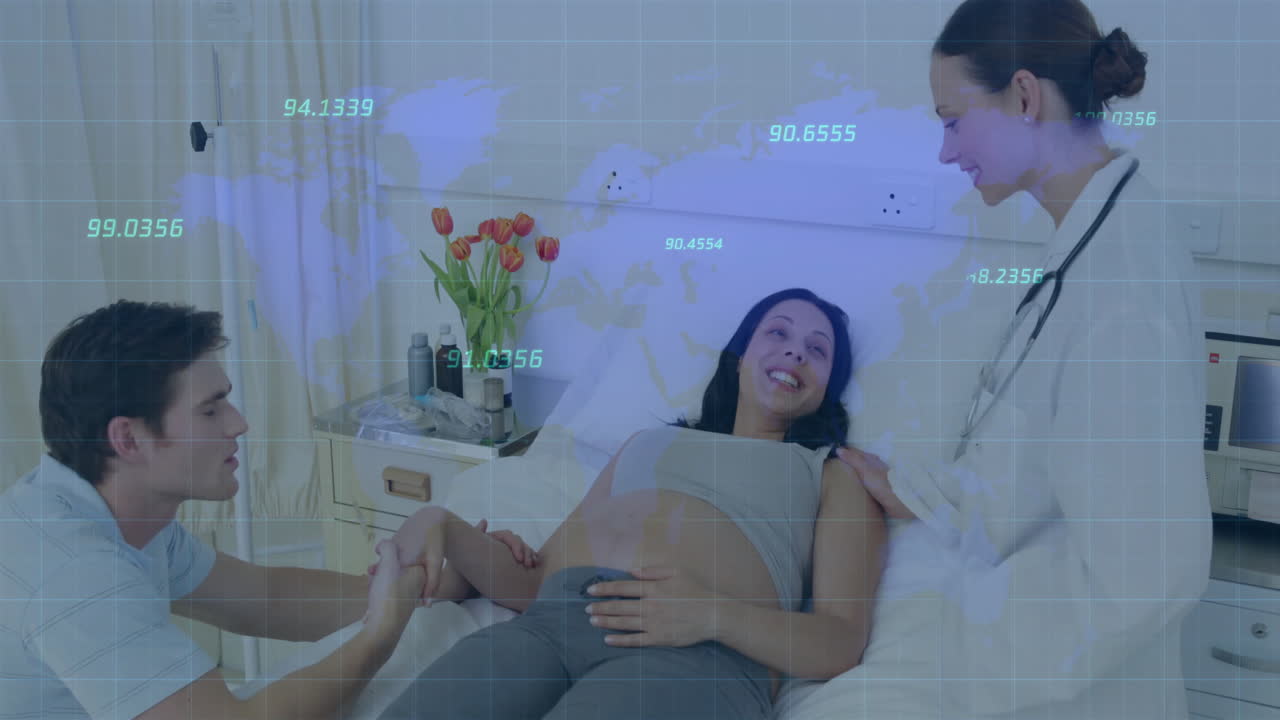 pregnant woman on hospital bed with partner kneeling and doctor examining, showing pulse graph