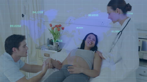 pregnant woman on hospital bed with partner kneeling and doctor examining, showing pulse graph