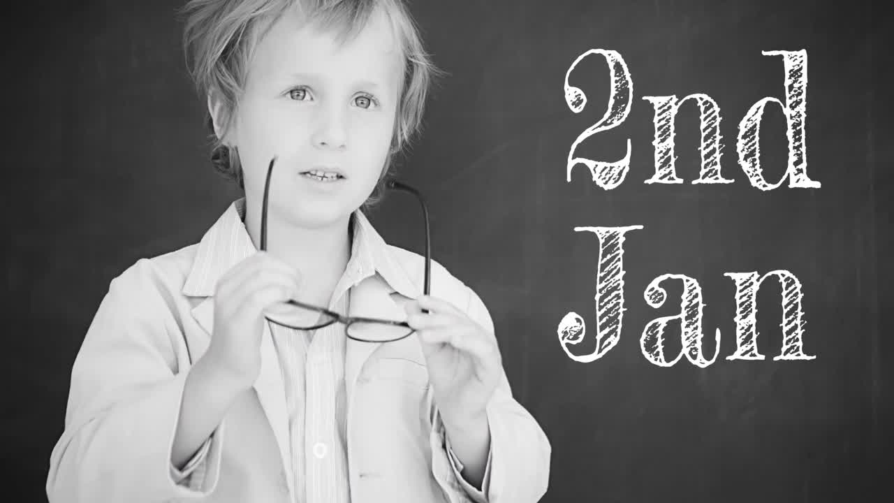 회색 배경에 행복한 백인 학교 소년의 2 월 텍스트의 애니메이션