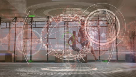 animación de cerebro digital y escaneo de alcance sobre pareja caucásica haciendo ejercicio