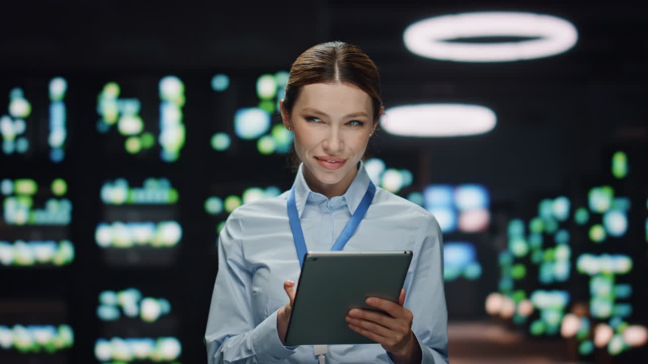 mujer del centro de datos trabajando en una computadora tablet mirando desde la distancia en el despacho de primer plano