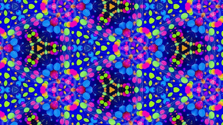 kaleidoscope effect from wavy shiny liquid surface with distorted circles float like drops of paint in oil. Creative background with multicolor gradient in 4k. 3d
