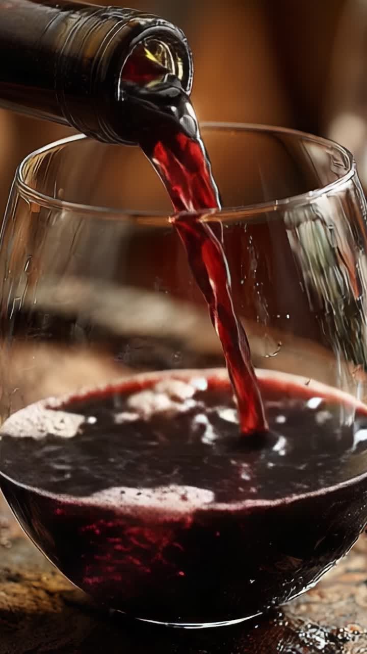 Primo piano di vino rosso corposo versato in un bicchiere di cristallo, che cattura il flusso lussuoso e le bollicine in un ambiente accogliente e caldo