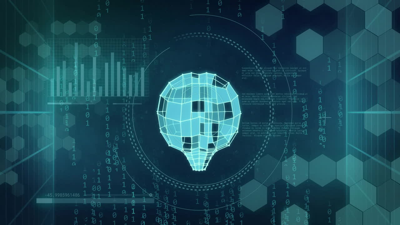 Animation of human brain and digital data processing over black background