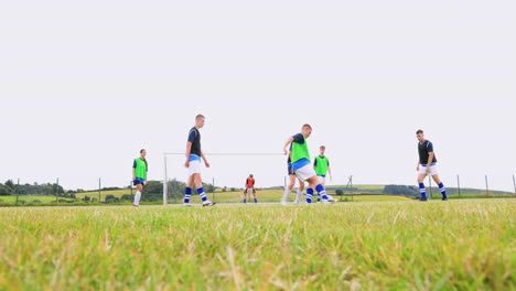 male and female soccer players playing soccer, goalkeeper passing ball on pitch, copy space