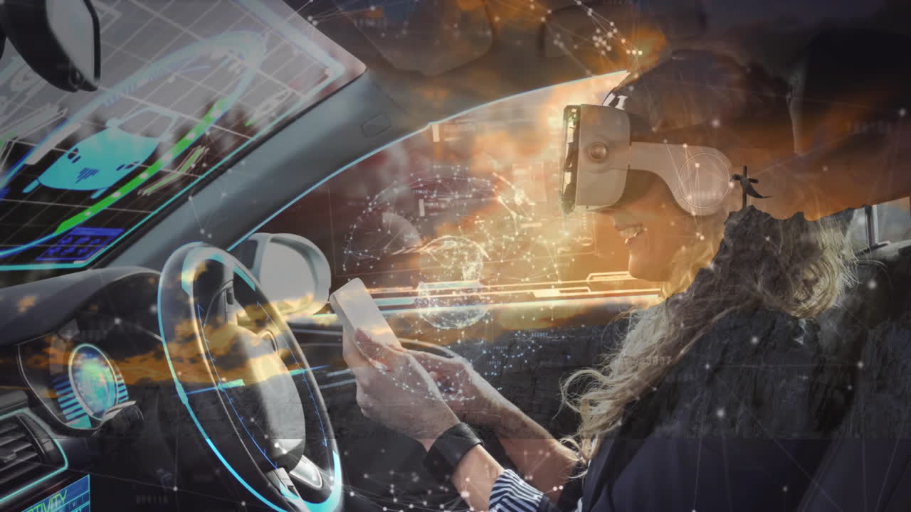 In futuristic car, person wearing VR headset with digital animation overlay