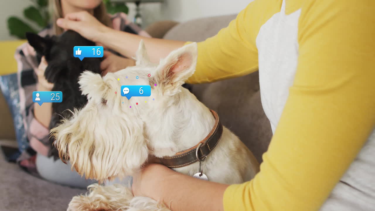 Two women holding terrier dogs on couch while displaying floating social media icons for marketing
