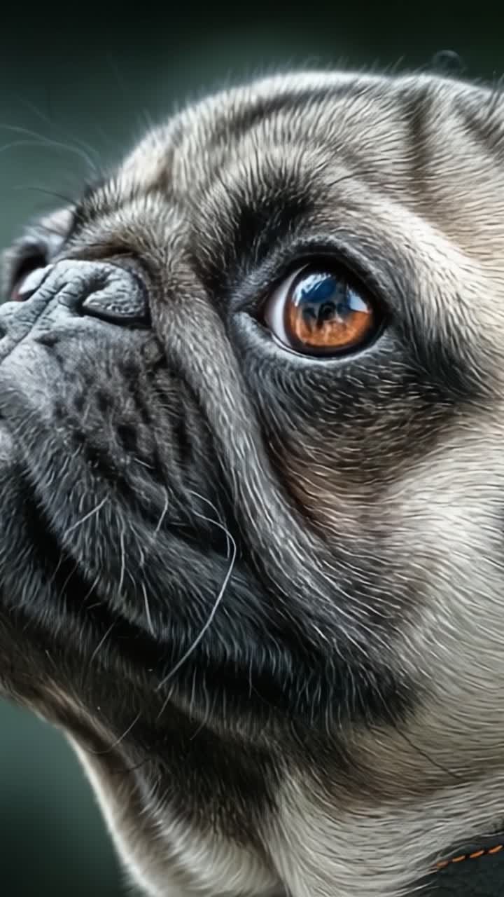 Close-Up Cativante do Rosto Expressivo de um Pug Destacando Suas Características Únicas e Expressão Encantadora em Dois Quadros Distintos