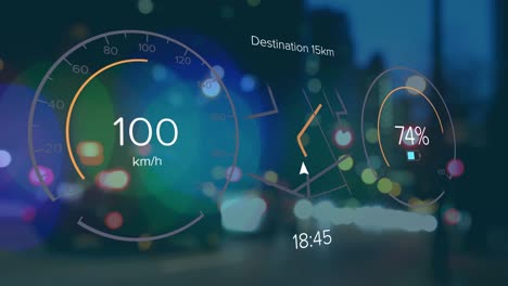 Animación-Del-Tablero-Del-Velocímetro-Del-Automóvil-Y-Procesamiento-De-Datos-Sobre-Las-Luces-De-La-Ciudad