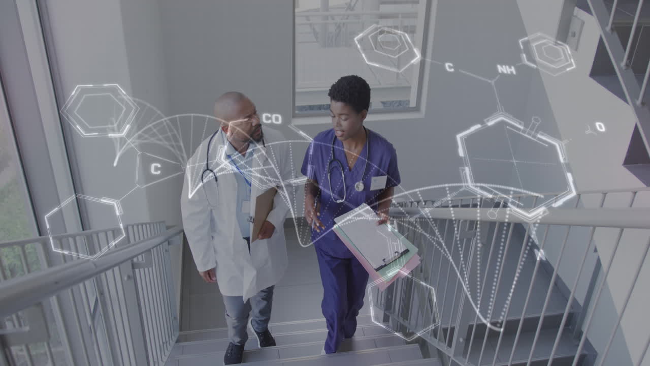 Animation d'une chaîne d'ADN et de traitement de données sur des médecins de diverses origines